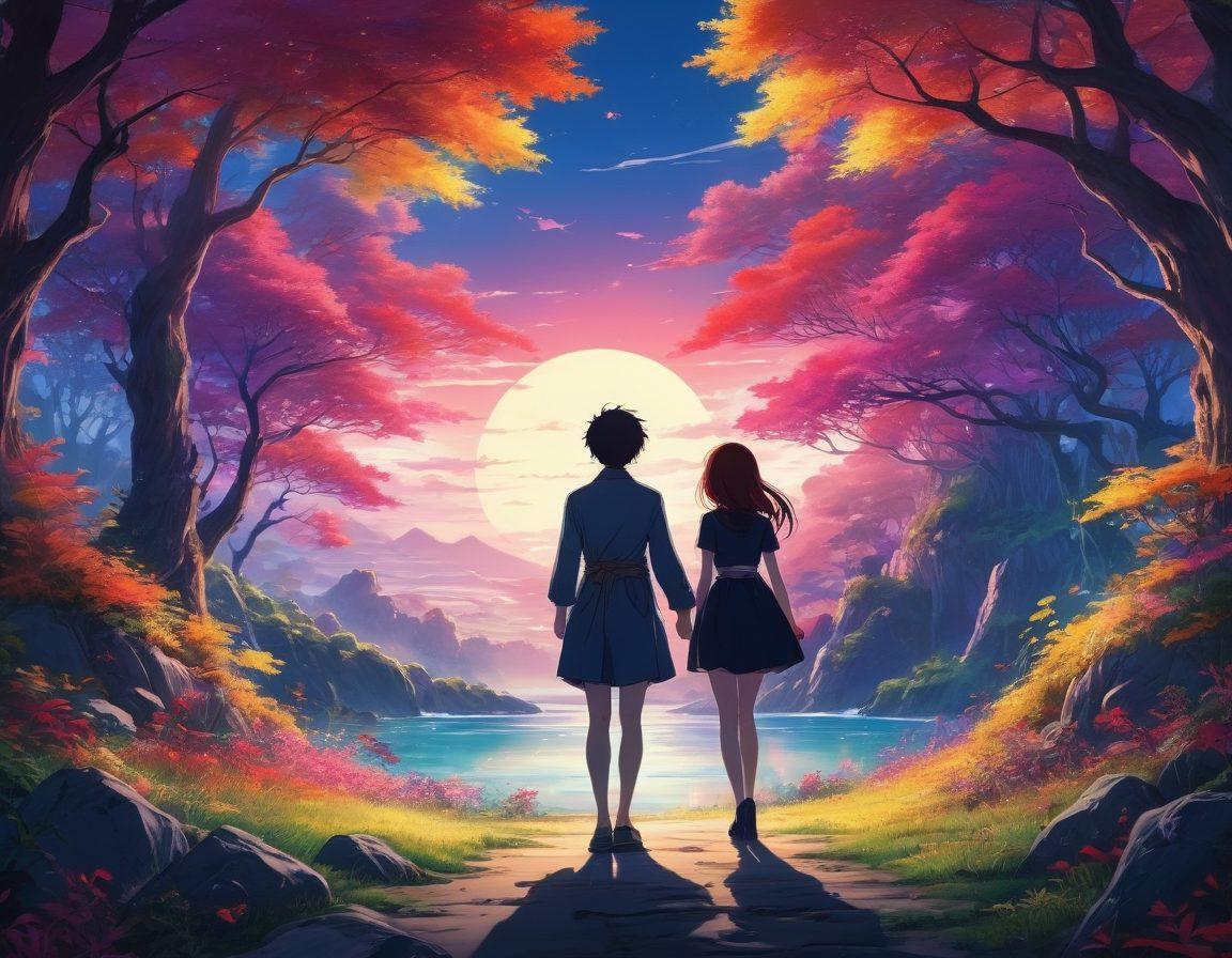 A vibrant, surreal scene showcasing a fantastical anime world, blending colorful artistic elements with subtle erotic themes. Include whimsical characters, diverse expressions of intimacy, and intricate backgrounds that reflect emotional depth. The contrast of light and shadow creates a mystique, inviting the viewer to explore the intersection of art and sensuality. vivid colors. anime style. dynamic composition.