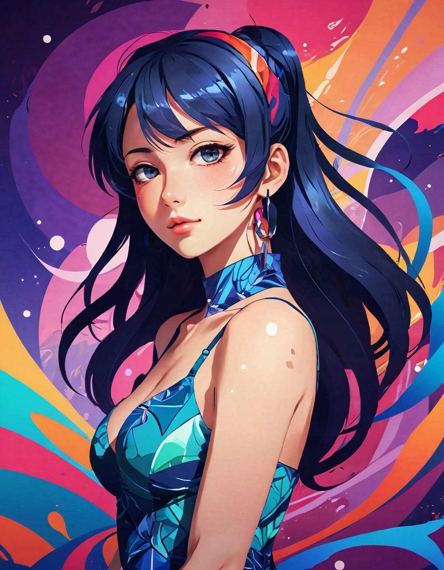A captivating scene featuring a stylized anime character in a sultry pose, surrounded by elements representing adult content in a tastefully artistic manner, like playful shadows, vibrant colors, and whimsical patterns. The background is a blend of abstract shapes and soft gradients, highlighting the character's allure without being overtly explicit. The overall vibe should evoke curiosity and sophistication while maintaining an artistic aesthetic. vibrant colors. digital art. fantasy style.